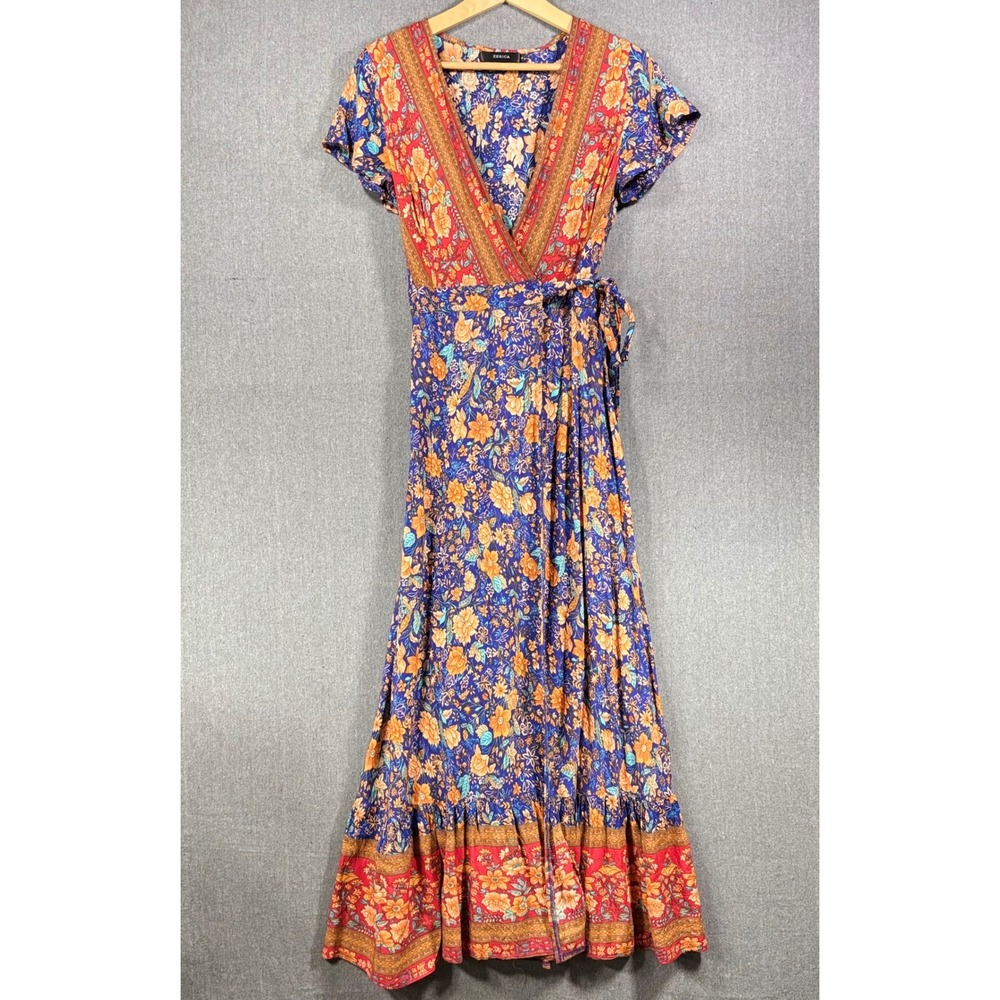 Zesica Wrap Dress Women Small Blue Floral Bohemian V-Neck Maxi Short Sleeve